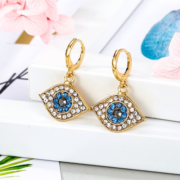 2/$20!  Gold Pave Crystal Evil Eye Huggie Hoops - Picture 2 of 7